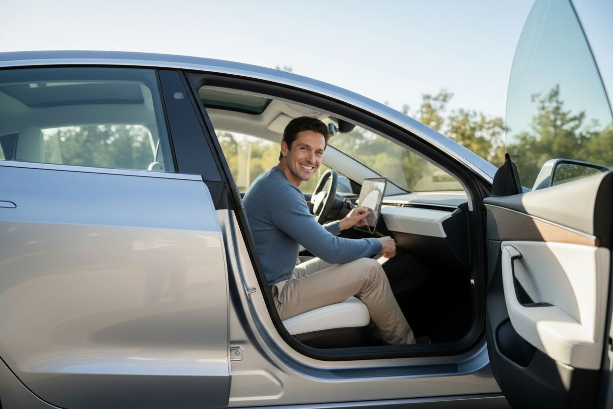 Personne souriante entrant dans sa voiture