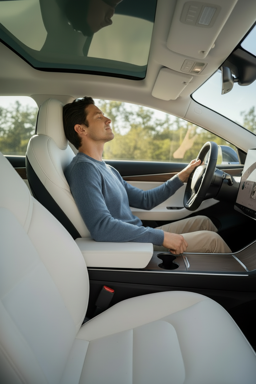 Version mobile - Homme appréciant l'odeur dans sa Tesla